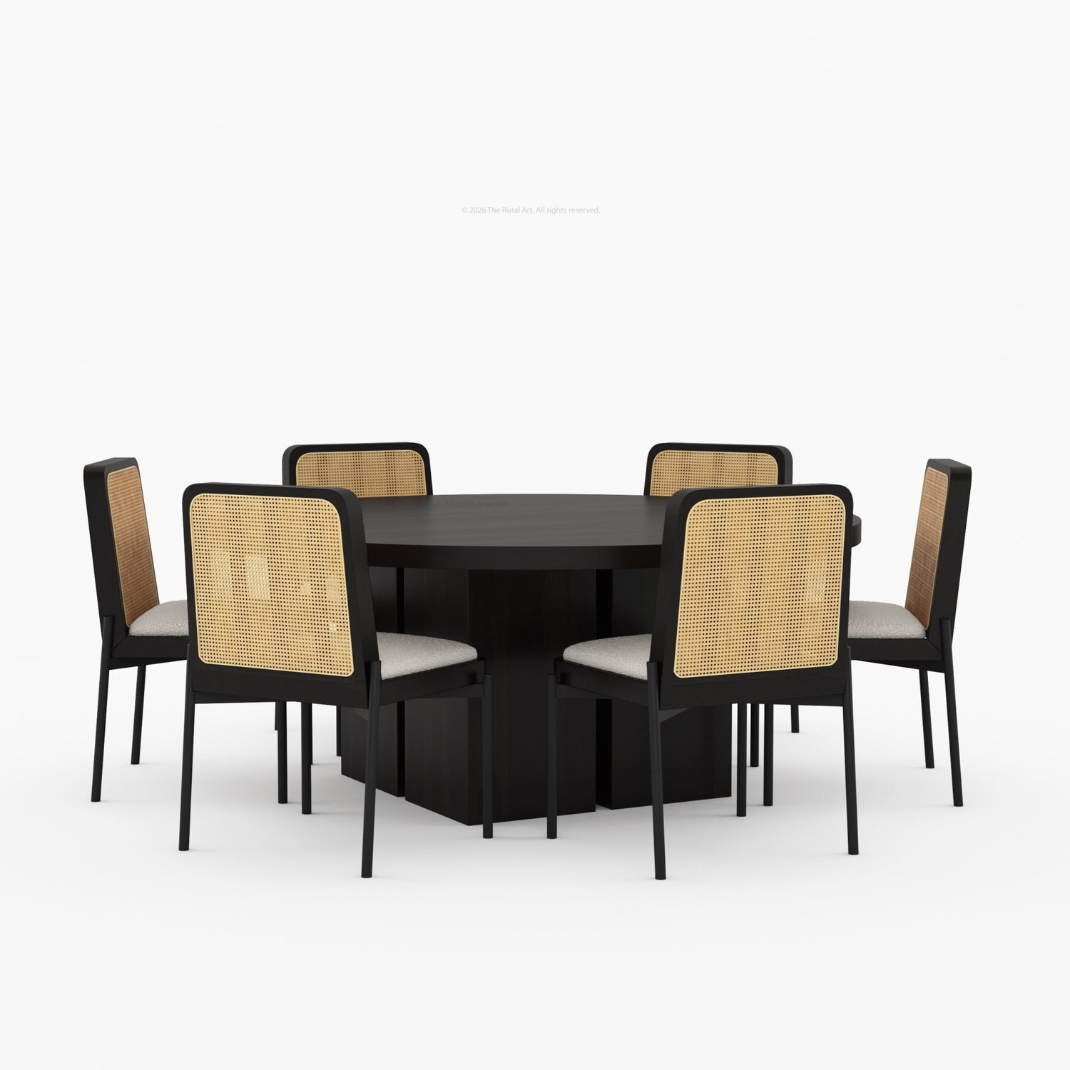 Ozark Round Wooden Pedestal Dining Table with Cane-Back Upholstered Chairs