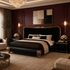 A luxurious bedroom featuring a black upholstered bed with ornate gold trim and gold legs, set against deep burgundy paneled walls. The room is styled with matching black and gold nightstands, a beige armchair, a round coffee table, and a large crystal chandelier.