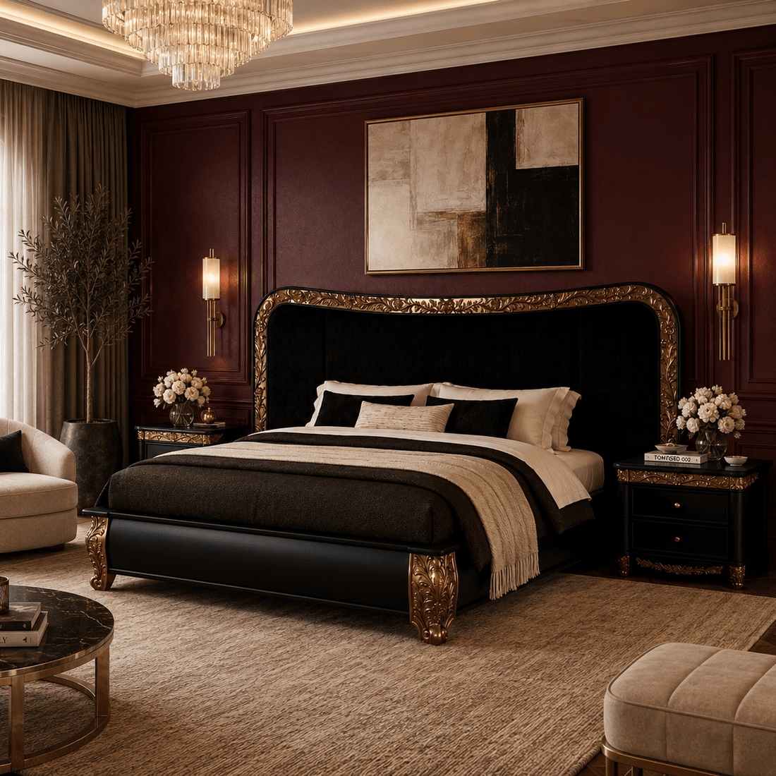 Versailles Grandeur Extra-Wide Velvet Bed with Gold Leaf Carvings