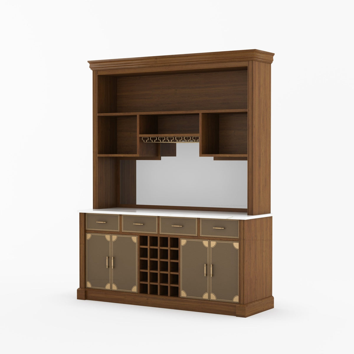 Lexington Solid Wood Wine Bar Cabinet with Hutch, Marble Countertop &amp; Leather Detailing