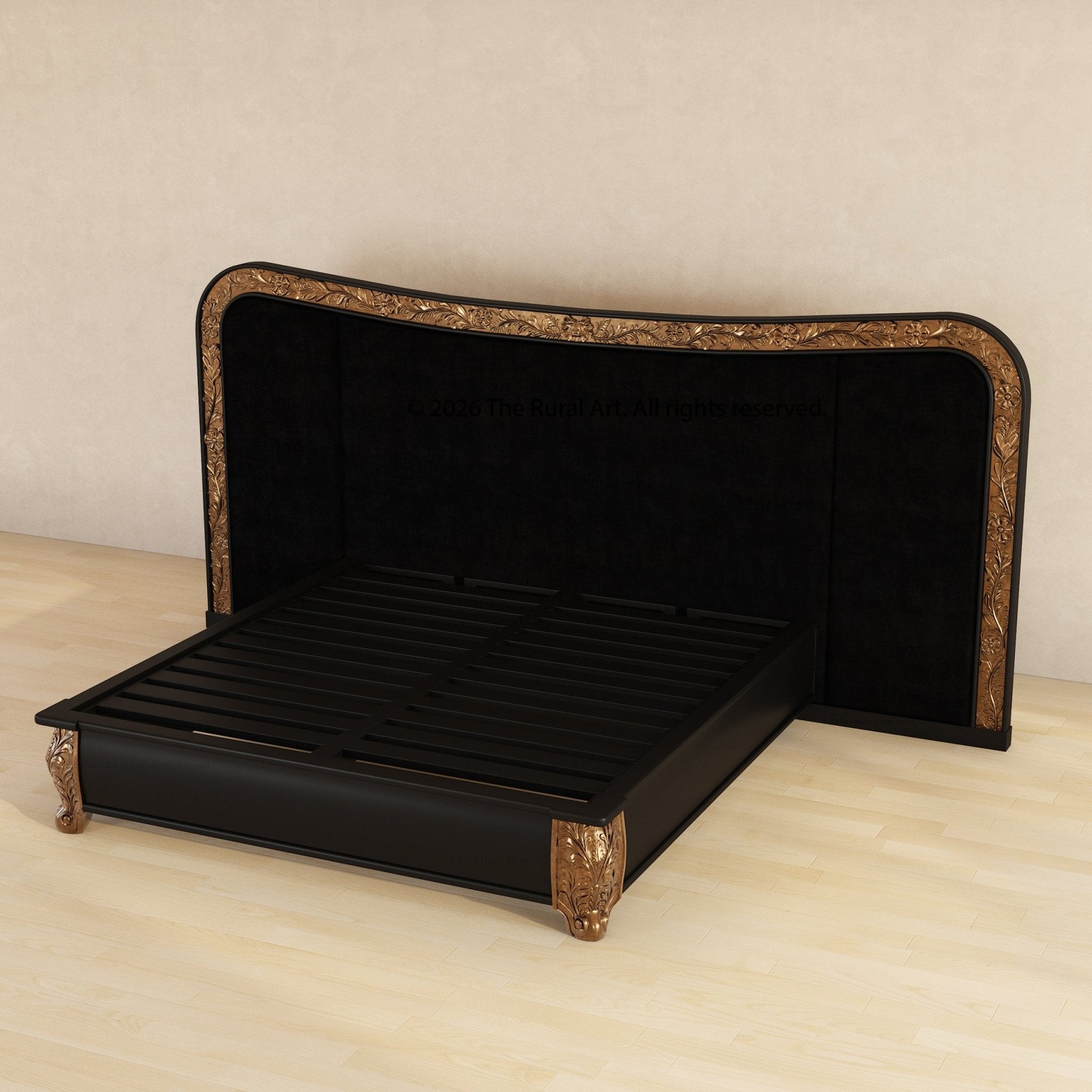 Versailles Grandeur Extra-Wide Velvet Bed with Gold Leaf Carvings