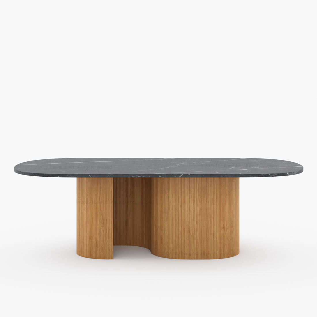 Modern dining table with wooden legs and a dark marble top on a white background