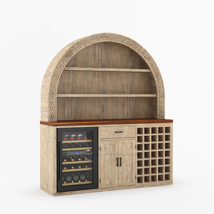Napa Arched Solid Wood Large Bar Cabinet with Open Shelves and Fridge Space