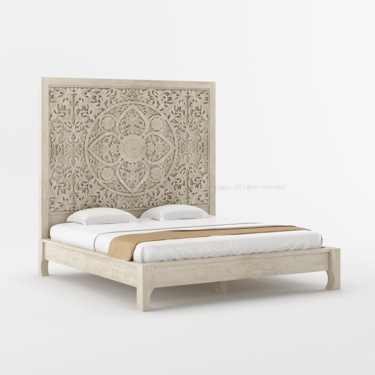 Malibu Solid Wood Platform Bed with Carved Headboard Moroccan Style