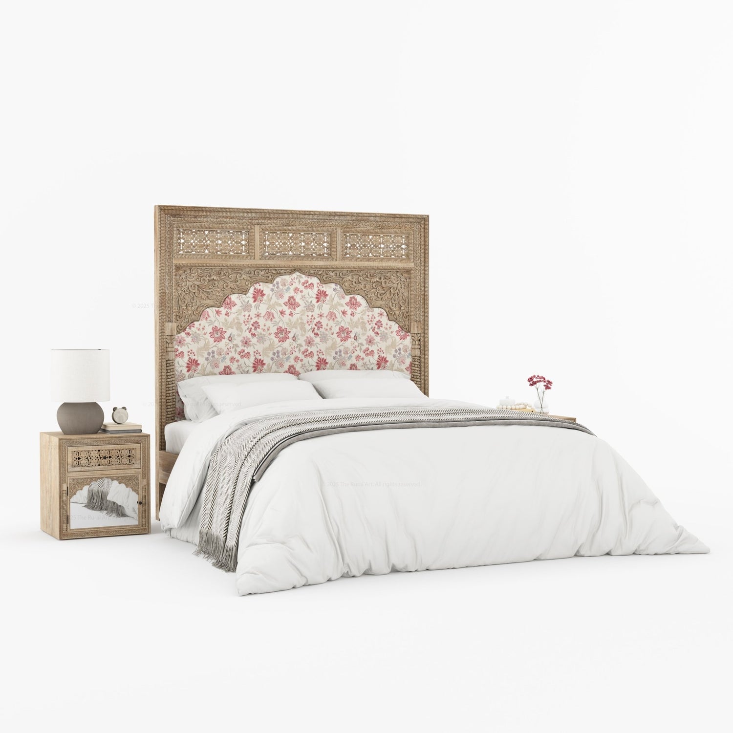 Dakota Antique White Solid Wood Bed Hand-Carved with Vintage Floral Fabric Headboard