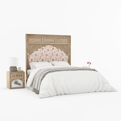 Dakota Antique White Solid Wood Bed Hand-Carved with Vintage Floral Fabric Headboard