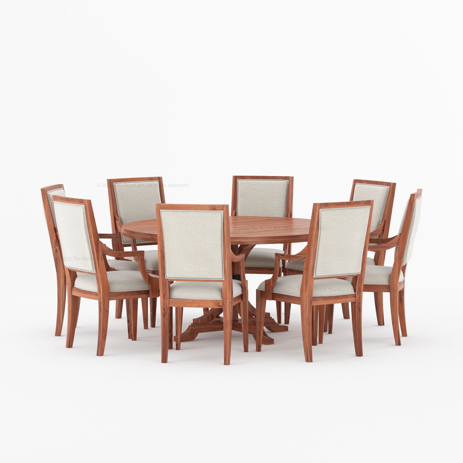 Miami Round Solid Wood Dining Table Set with Iron-Accented Pedestal &amp; Upholstered Armchairs