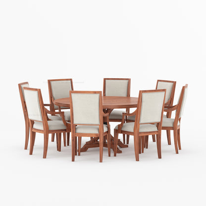 Miami Round Solid Wood Dining Table Set with Iron-Accented Pedestal &amp; Upholstered Armchairs