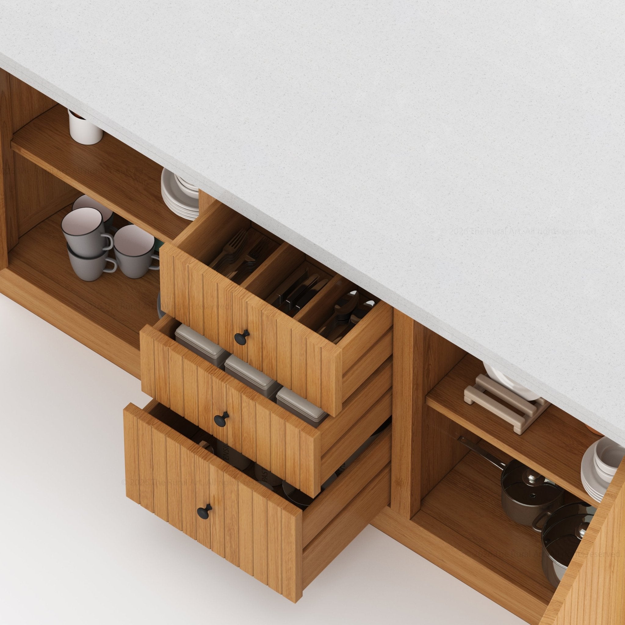Midland Curved Solid Wood Half Round Kitchen Island with Upholstered Stools &amp; Quartz Top