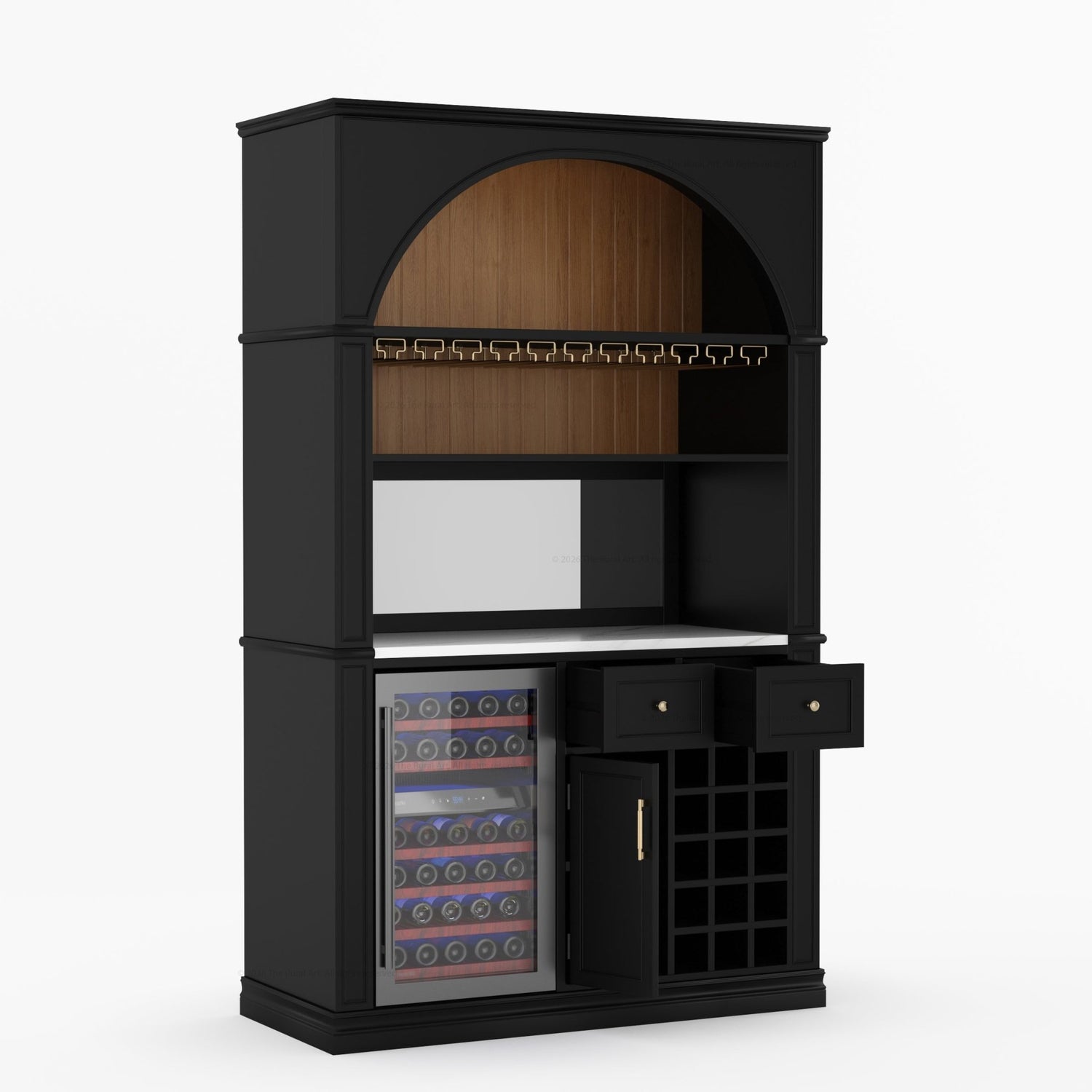 Douglas Arch Wine Bar Cabinet with Fridge Space &amp; Marble Countertop