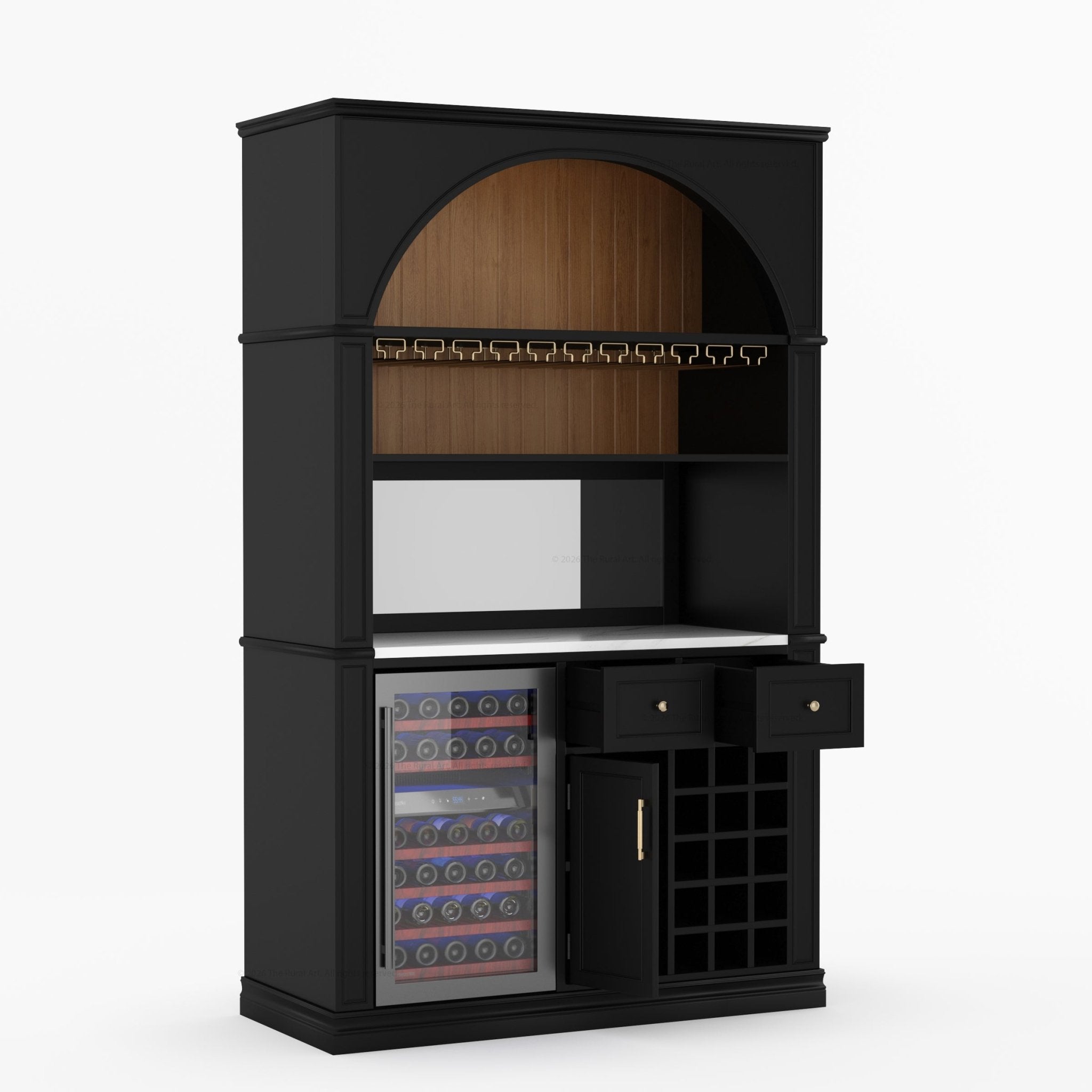 Douglas Arch Wine Bar Cabinet with Fridge Space &amp; Marble Countertop