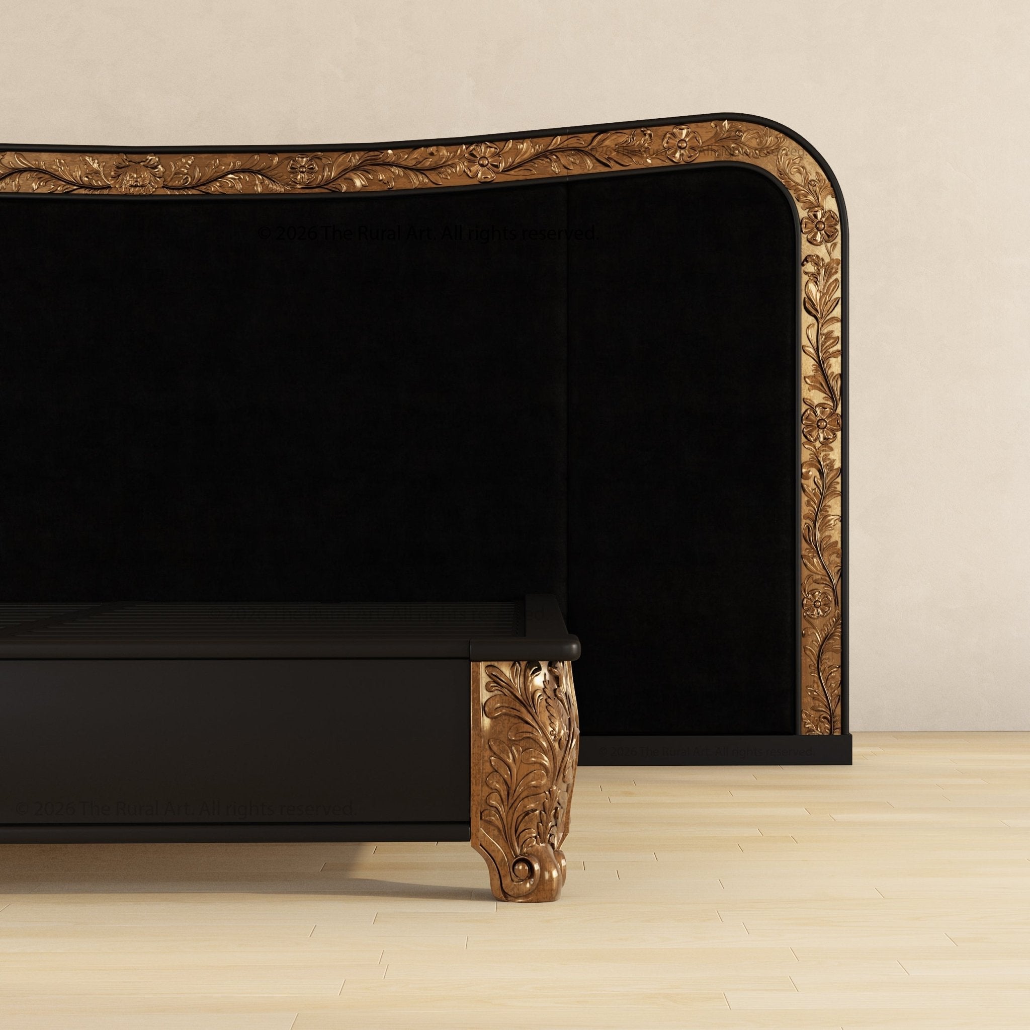 Versailles Grandeur Extra-Wide Velvet Bed with Gold Leaf Carvings