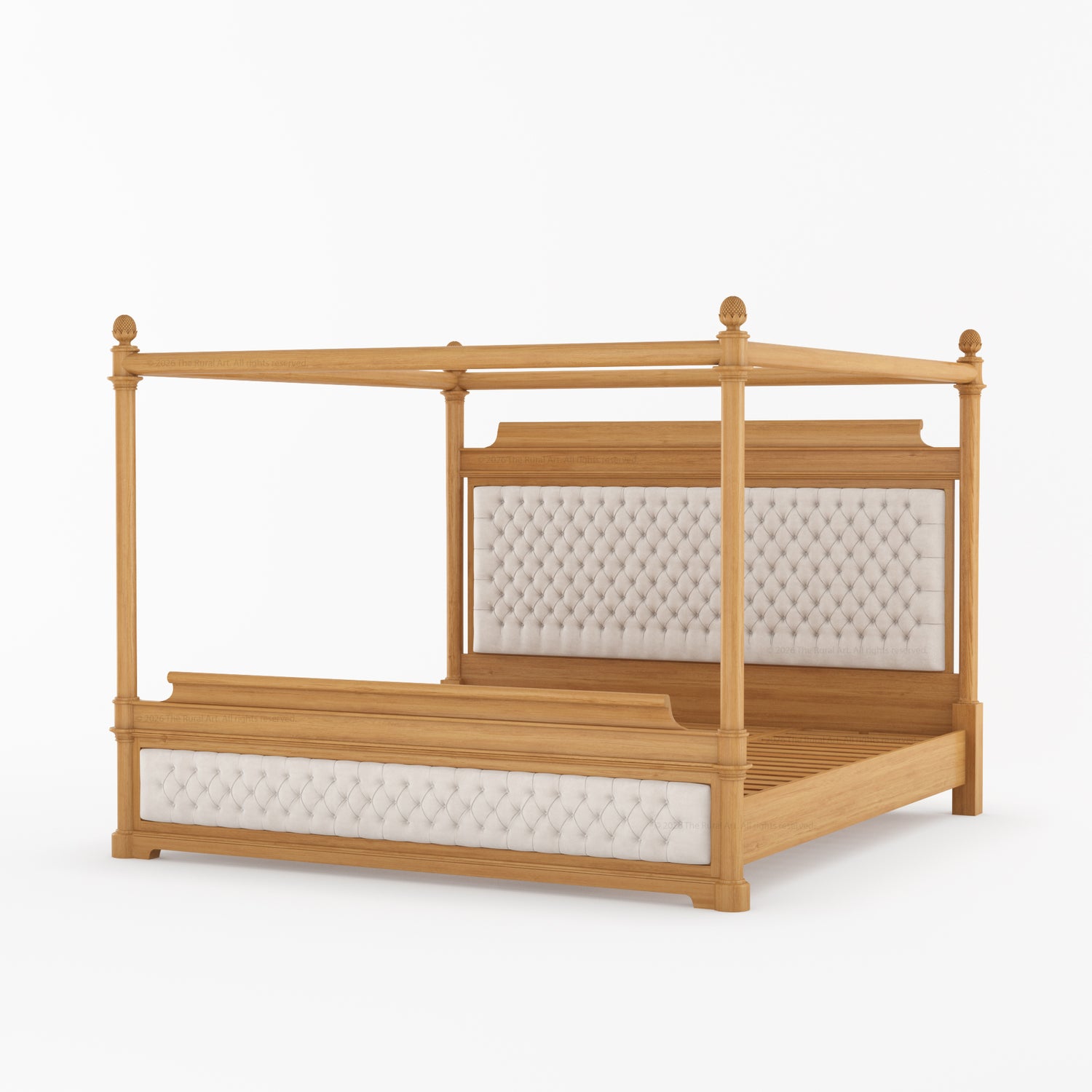 Abilene Four Poster Canopy Solid Wood Bed with Tufted Upholstered Headboard &amp; Footboard