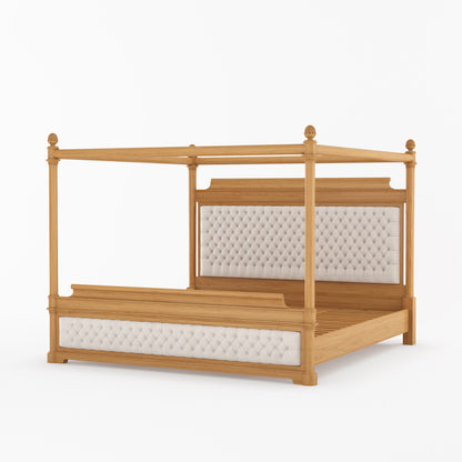 Abilene Four Poster Canopy Solid Wood Bed with Tufted Upholstered Headboard &amp; Footboard