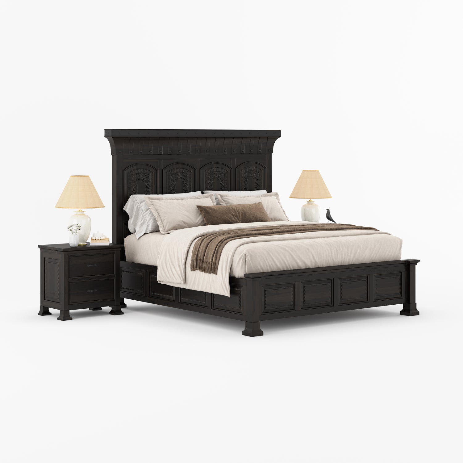 Prescott Grand Heritage Solid Wood Bed with Hand-Carved Panel Headboard