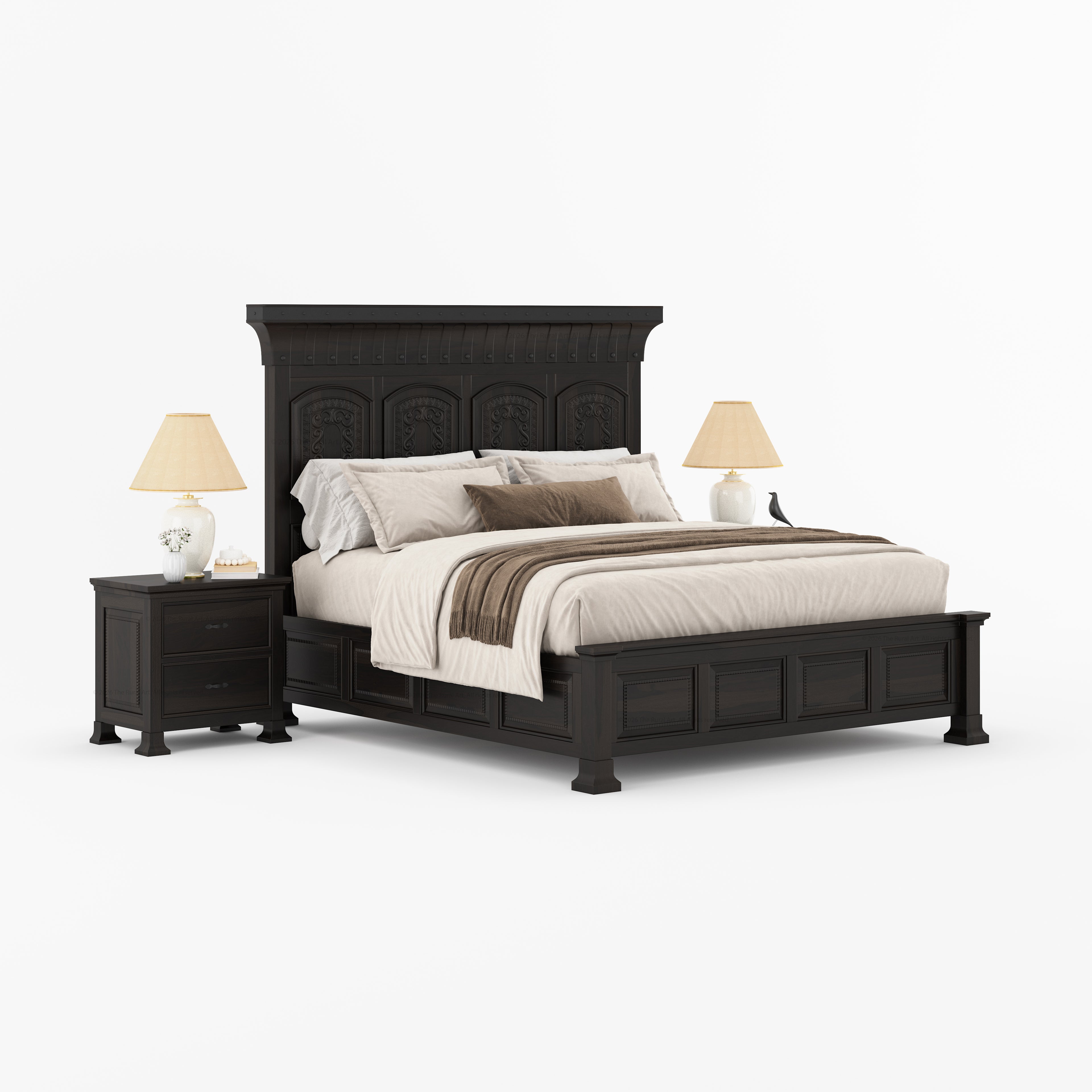 Prescott Grand Heritage Solid Wood Bed with Hand-Carved Panel Headboard