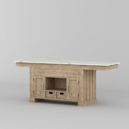 Portland Solid Wood Kitchen Island with Marble Countertop and Optional Stool Set