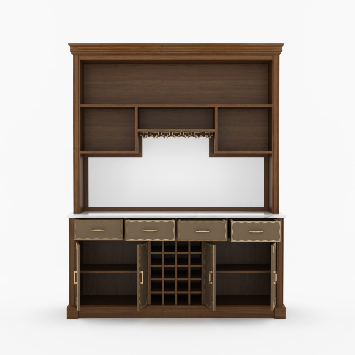Lexington Solid Wood Wine Bar Cabinet with Hutch, Marble Countertop &amp; Leather Detailing