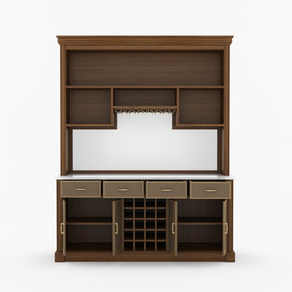 Lexington Solid Wood Wine Bar Cabinet with Hutch, Marble Countertop &amp; Leather Detailing