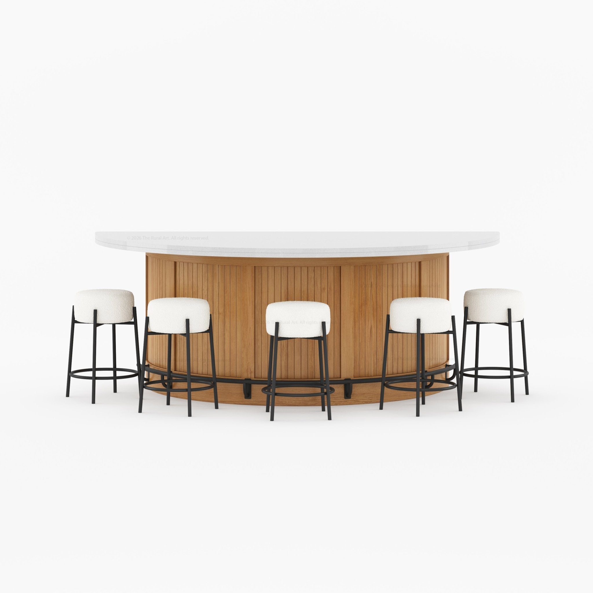Midland Curved Solid Wood Half Round Kitchen Island with Upholstered Stools &amp; Quartz Top