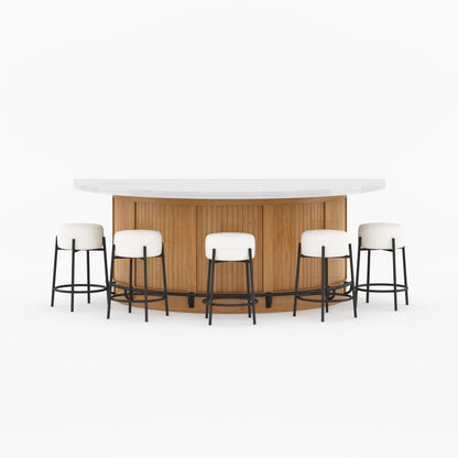 Midland Curved Solid Wood Half Round Kitchen Island with Upholstered Stools &amp; Quartz Top