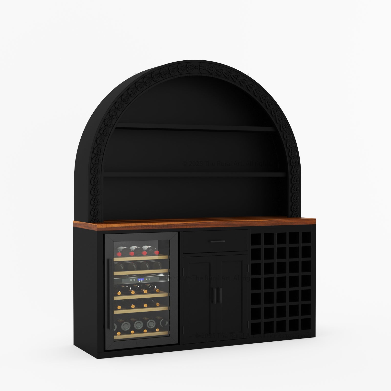 Arched Top Black Large Bar Cabinet with open shelves wine rack and mini fridge space