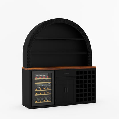 Arched Top Black Large Bar Cabinet with open shelves wine rack and mini fridge space