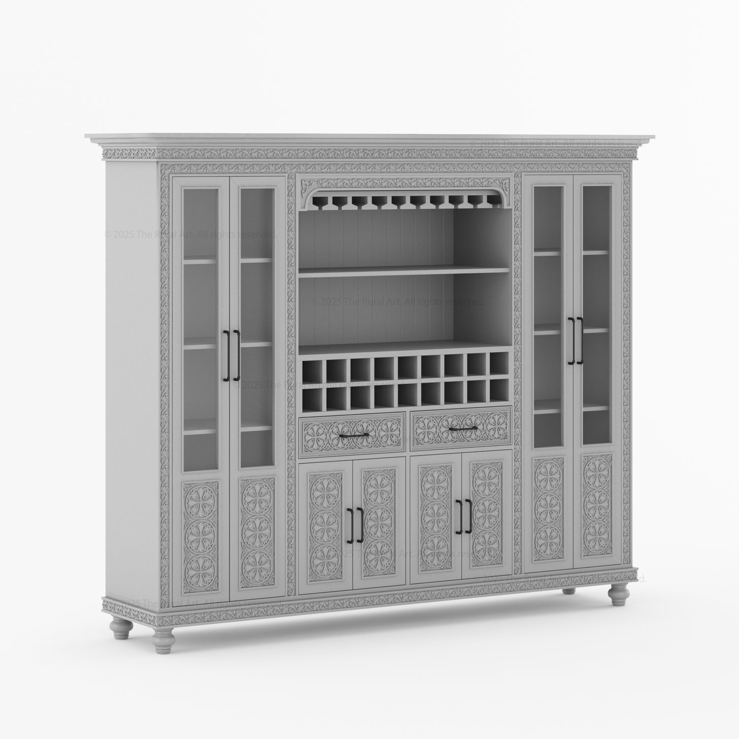 Marin Solid Wood Wine Bar Cabinet Hutch Hand Carved