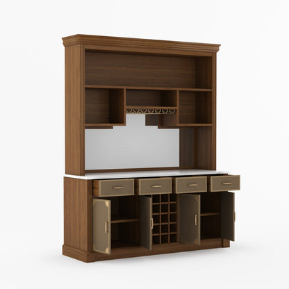 Lexington Solid Wood Wine Bar Cabinet with Hutch, Marble Countertop &amp; Leather Detailing