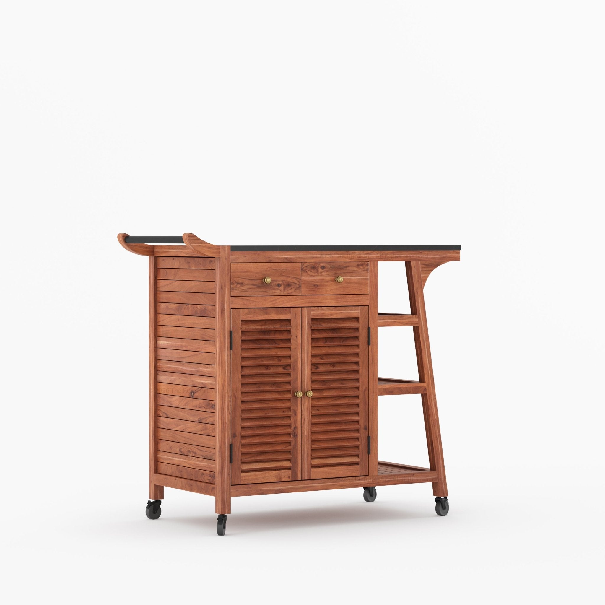 Ketchikan Solid Wood Outdoor Wine Cart with Storage &amp; Serving Shelves