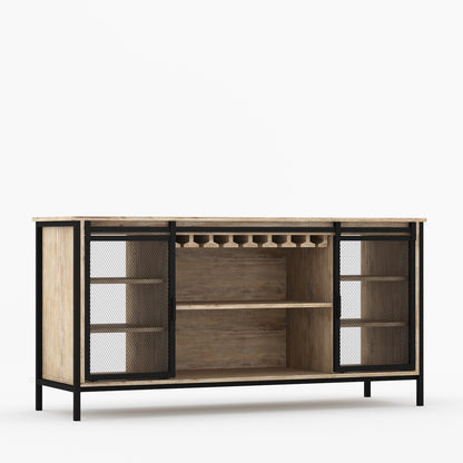 Dallas Industrial Bar Cabinet Solid Wood Iron Sliding Mesh Doors