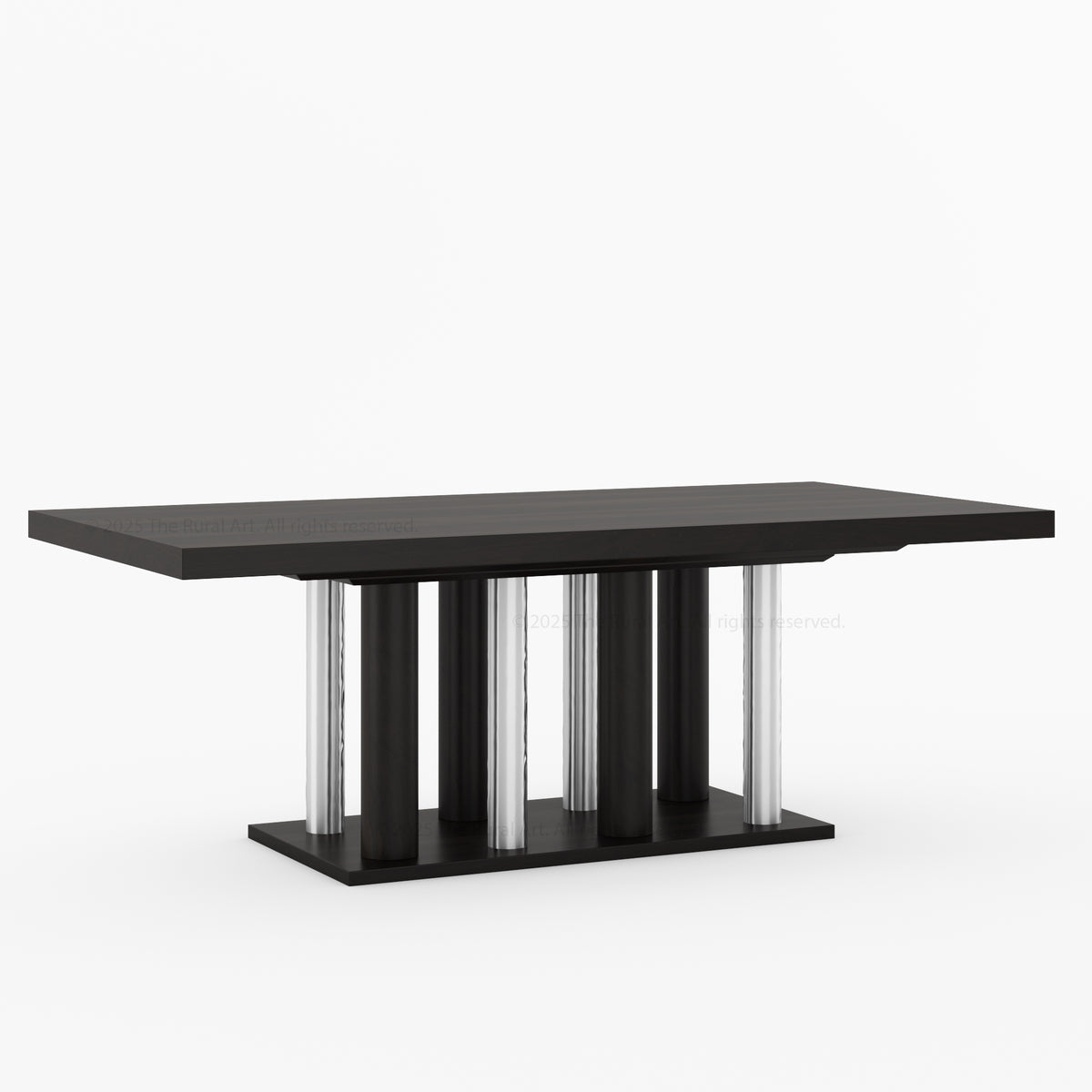 Black dining table with silver cylindrical legs