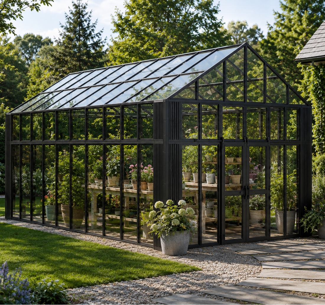 A modern black-framed glass greenhouse situated in a lush garden next to a house, with potted plants in the foreground and a stone path leading up to it.