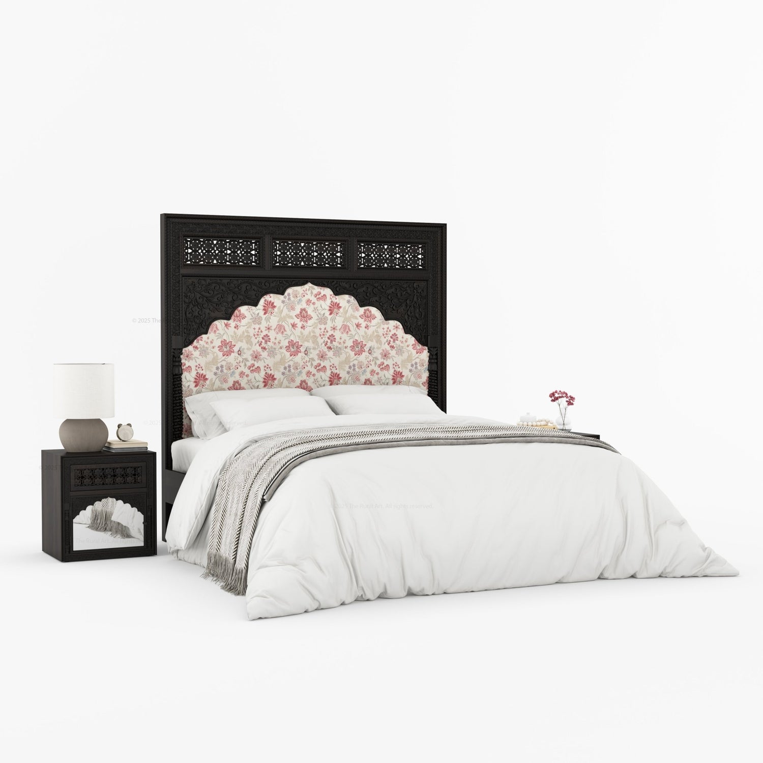 Dakota Antique White Solid Wood Bed Hand-Carved with Vintage Floral Fabric Headboard