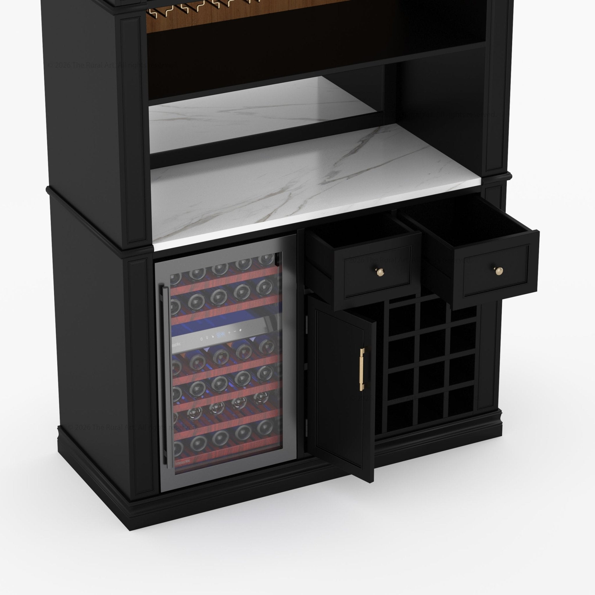 Douglas Arch Wine Bar Cabinet with Fridge Space &amp; Marble Countertop