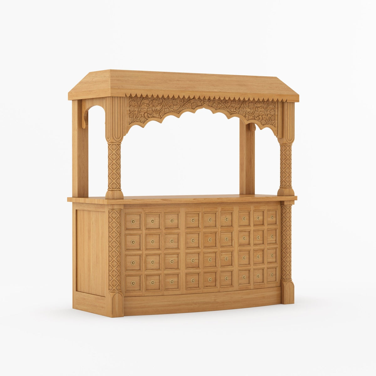 Monterey Hand-Carved Canopy Wine Bar Counter with Wine Fridge Space &amp; Bottle Storage