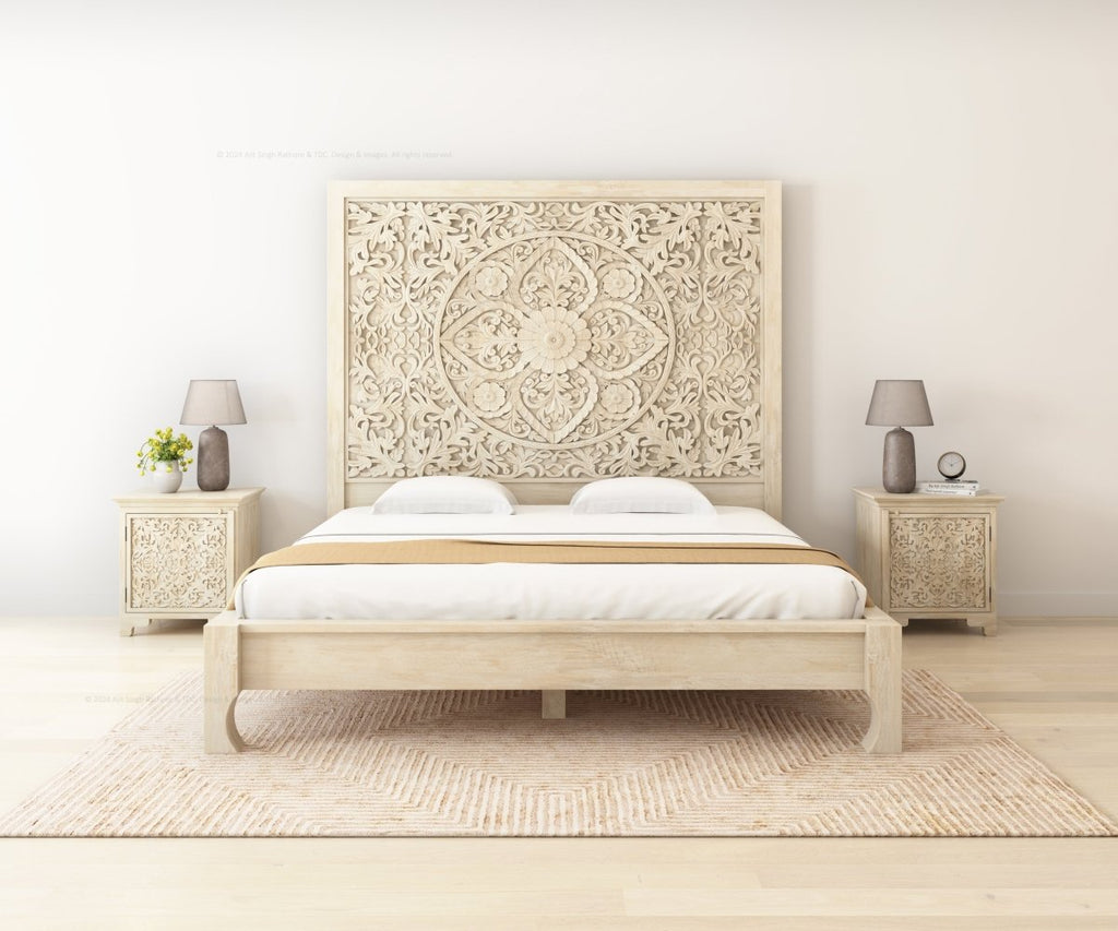 Malibu Solid Wood Platform Bed with Carved Headboard Moroccan Style