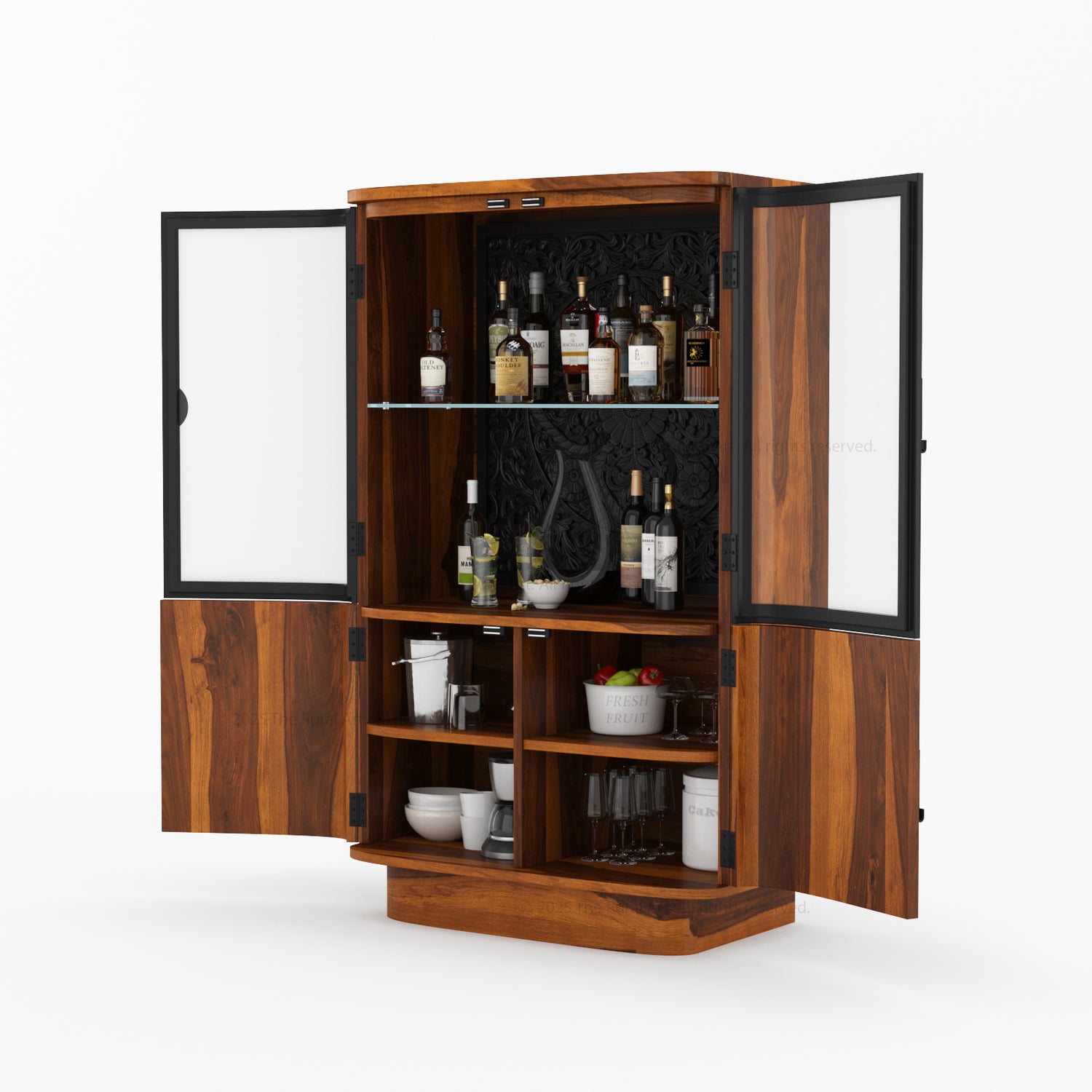Woodinville Carved Bar Cabinet with Display Rack