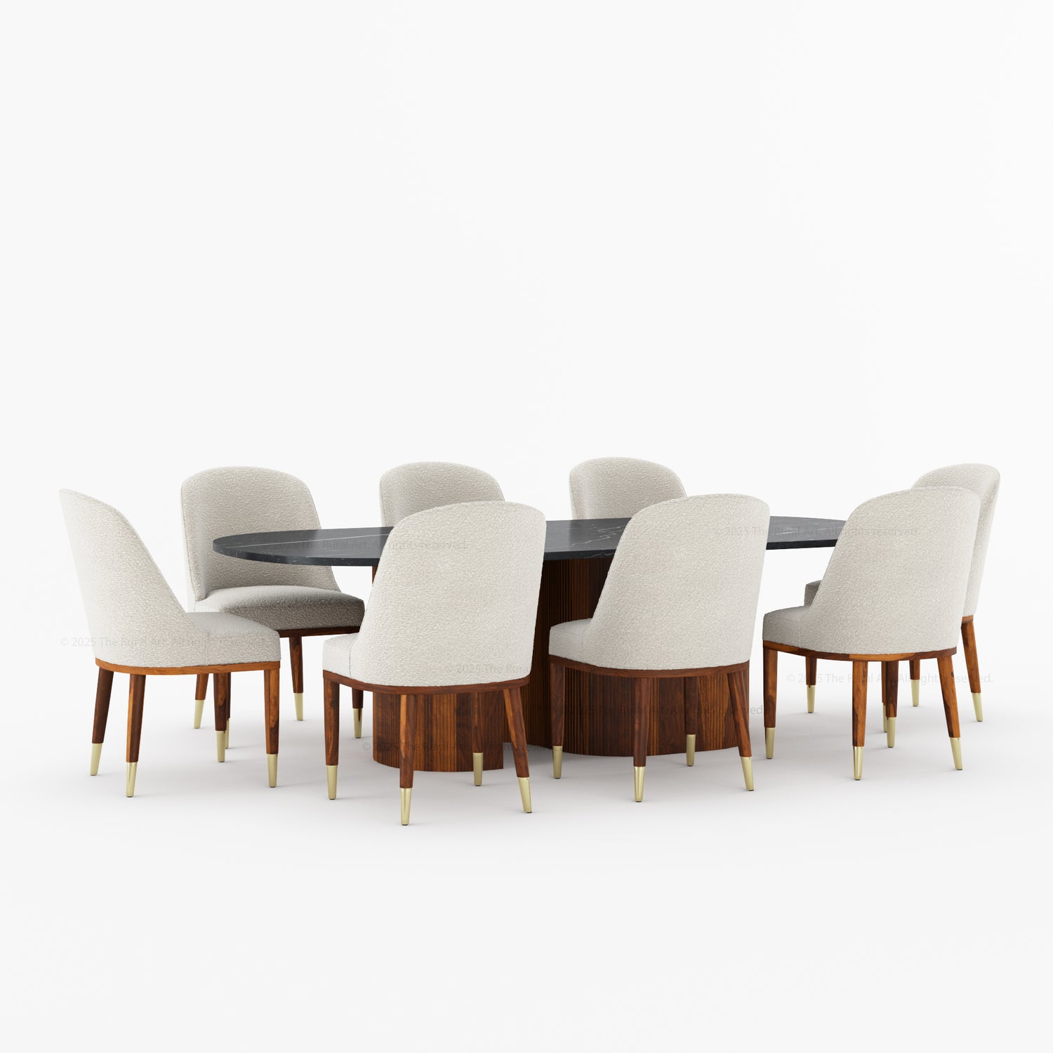 Connersville Modern Stone Top Dining Table Set with Sculptural Fluted Base &amp; Upholstered Chairs