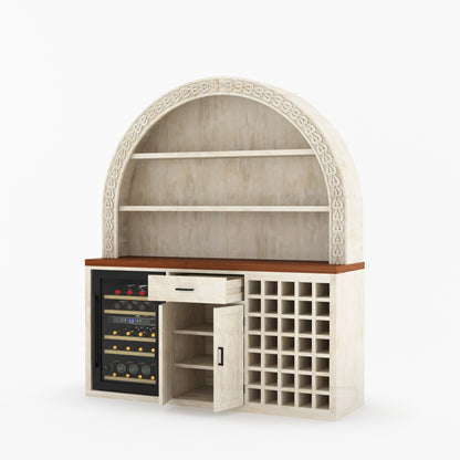 Napa Arched Solid Wood Large Bar Cabinet with Open Shelves and Fridge Space