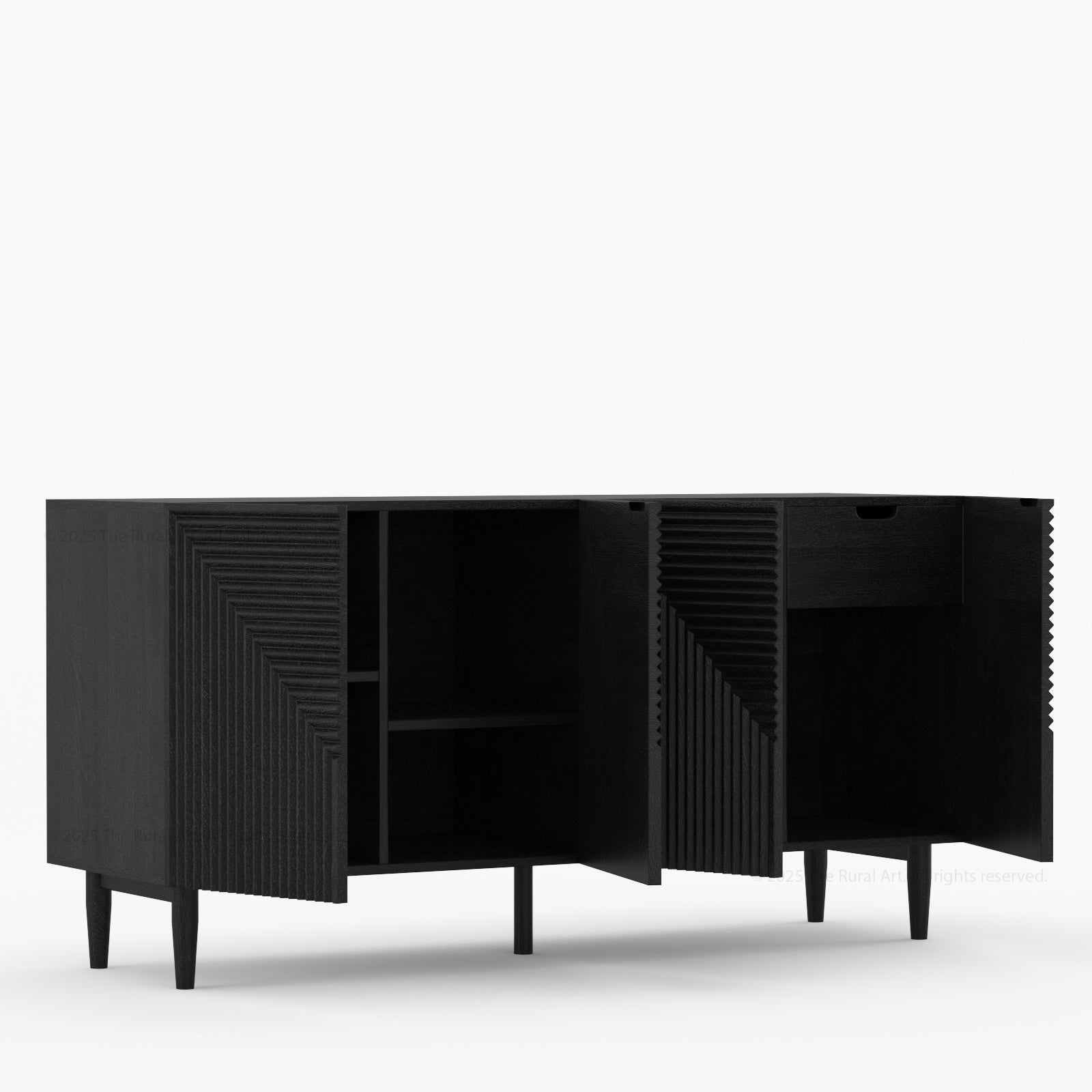 Chicago Geometric Carved Black Solid Wood Sideboard Buffet