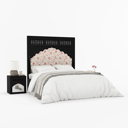 Dakota Antique White Solid Wood Bed Hand-Carved with Vintage Floral Fabric Headboard