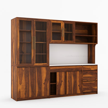 Girtin Solid Wood Wine &amp; Coffee Bar Hutch with White Quartz Countertop – 99” Width