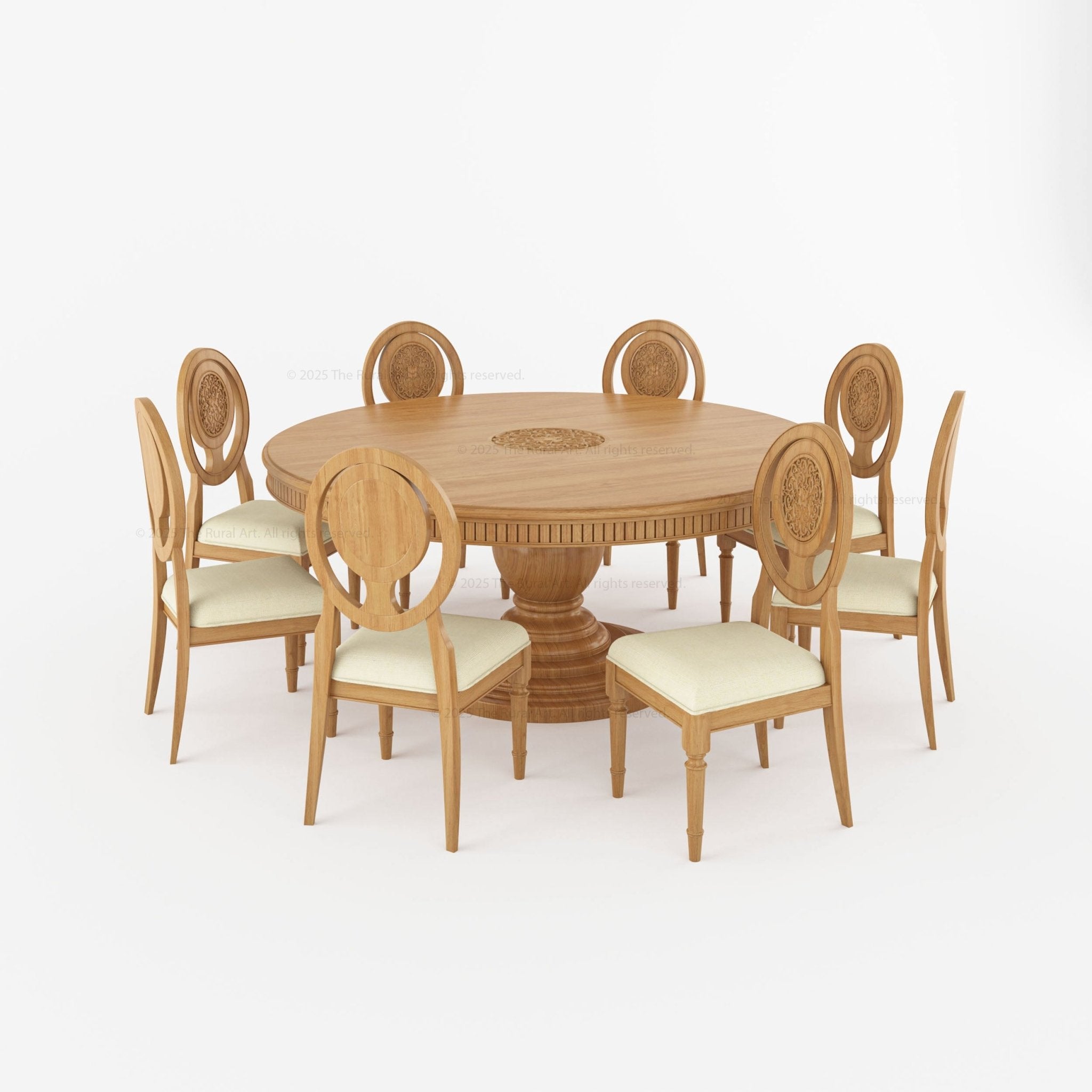 Jackson Teak Wood Round Pedestal Dining Table Fluted Edge Center Medal