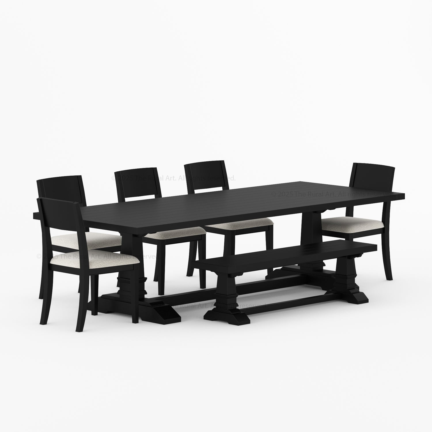Roseville Solid Wood Dining Set Trestle Table with Chairs &amp; Bench Coastal Farmhouse Style