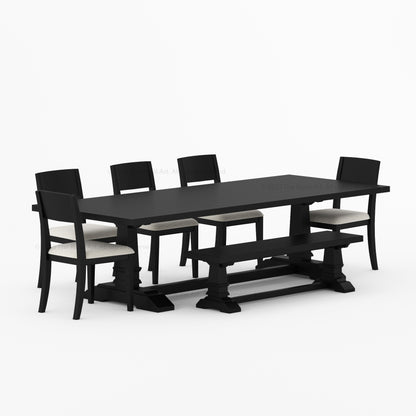 Roseville Solid Wood Dining Set Trestle Table with Chairs &amp; Bench Coastal Farmhouse Style