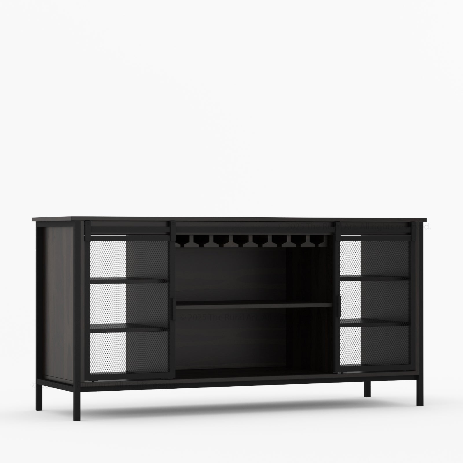 Dallas Industrial Bar Cabinet Solid Wood Iron Sliding Mesh Doors