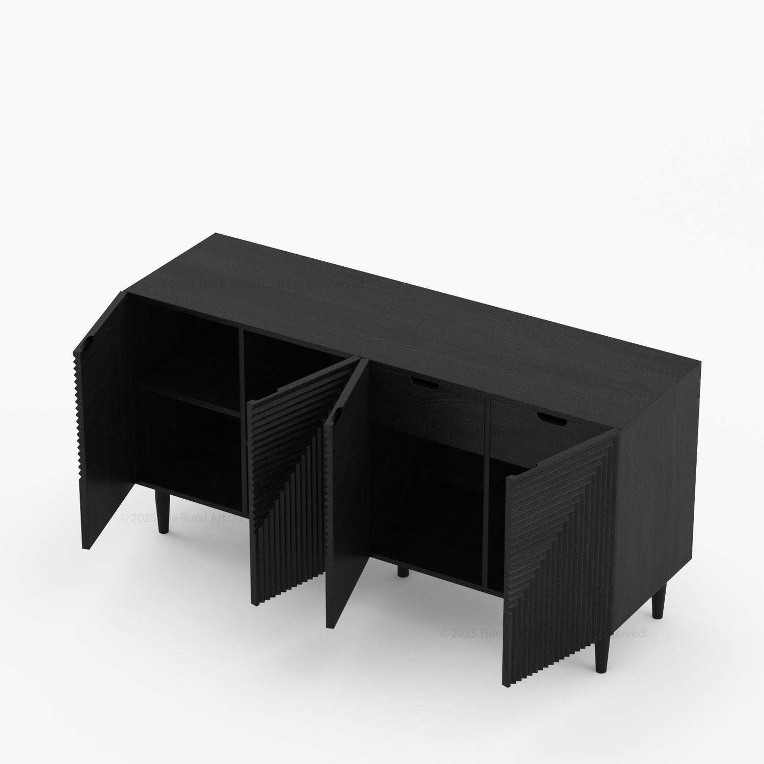 Chicago Geometric Carved Black Solid Wood Sideboard Buffet