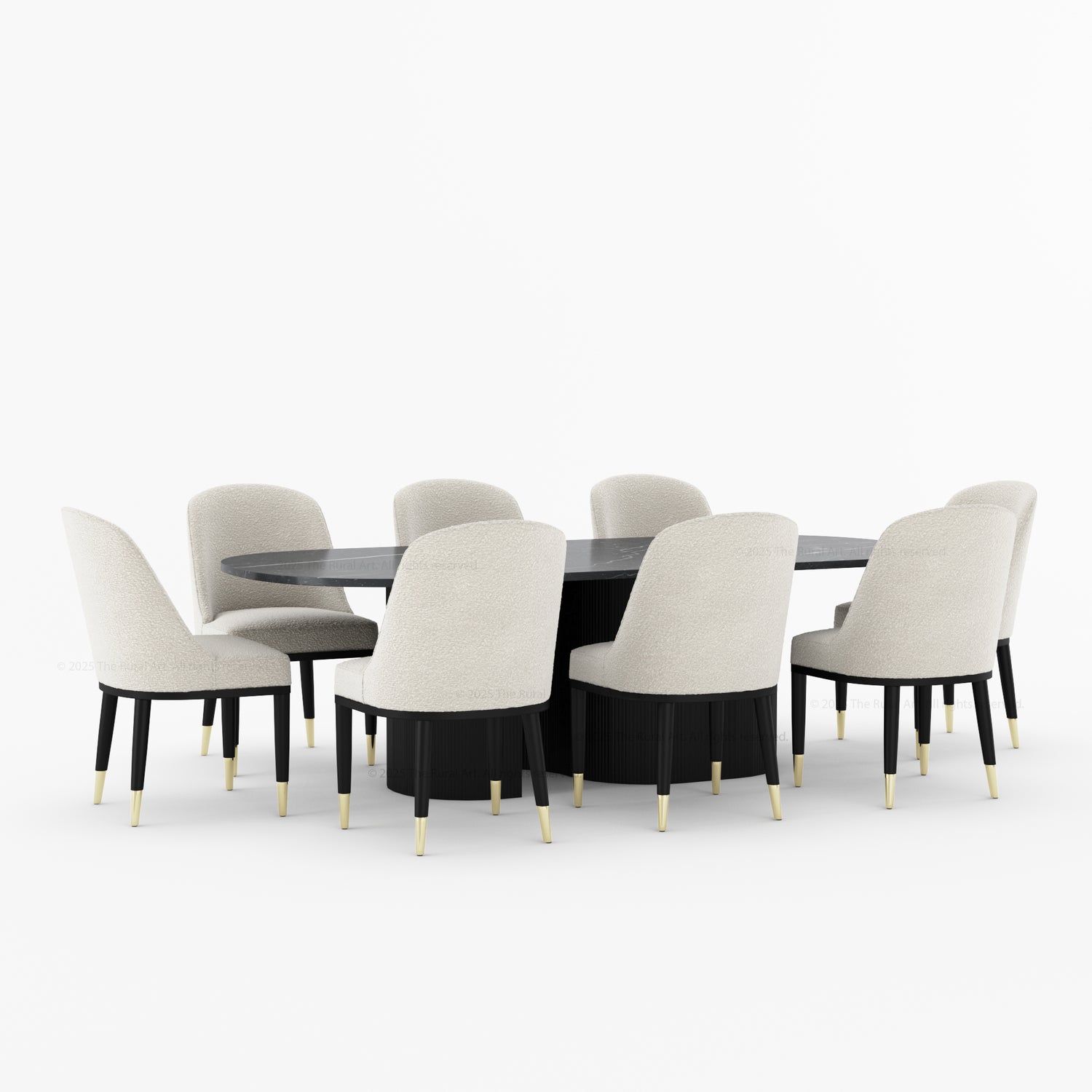 Connersville Modern Stone Top Dining Table Set with Sculptural Fluted Base &amp; Upholstered Chairs