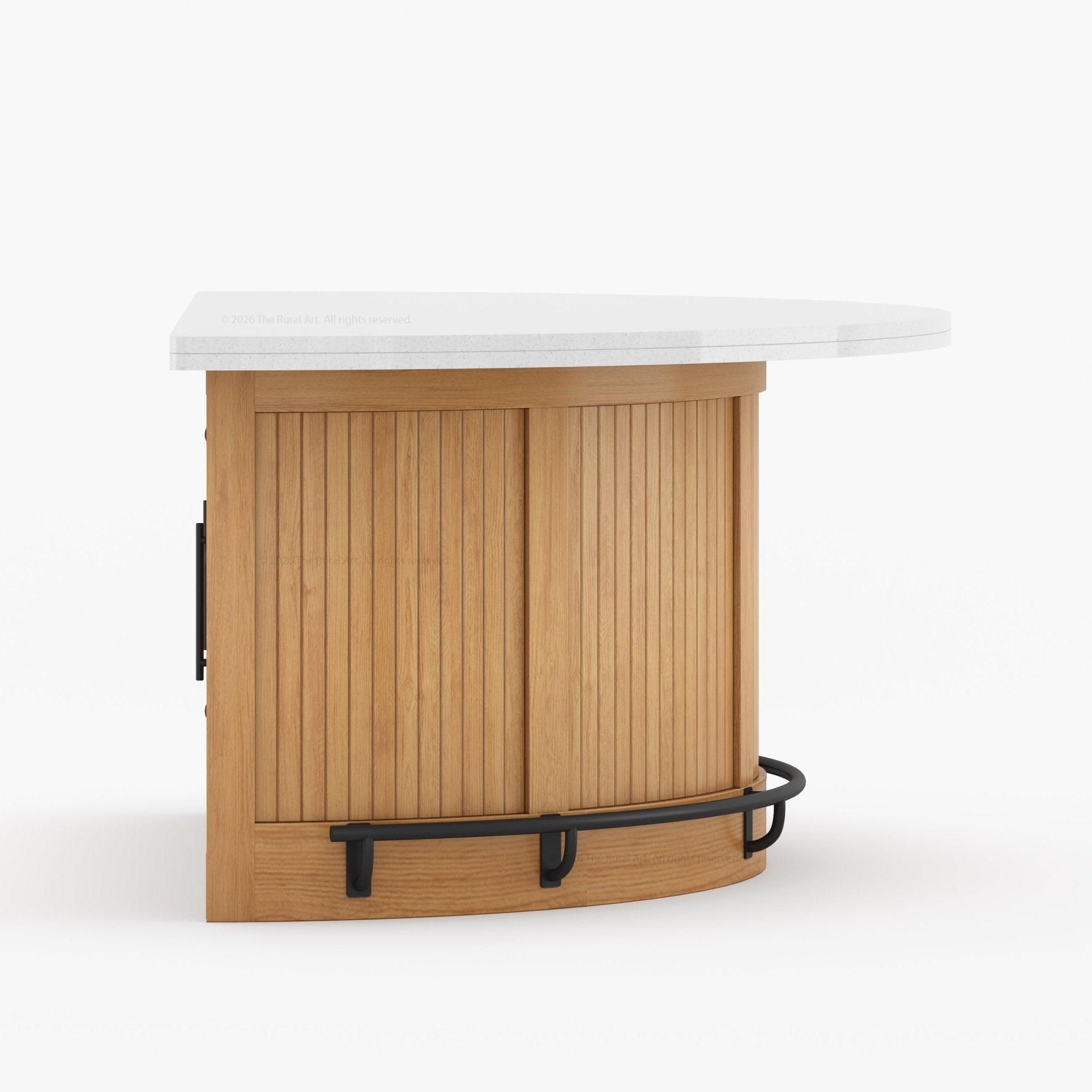 Midland Curved Solid Wood Half Round Kitchen Island with Upholstered Stools &amp; Quartz Top